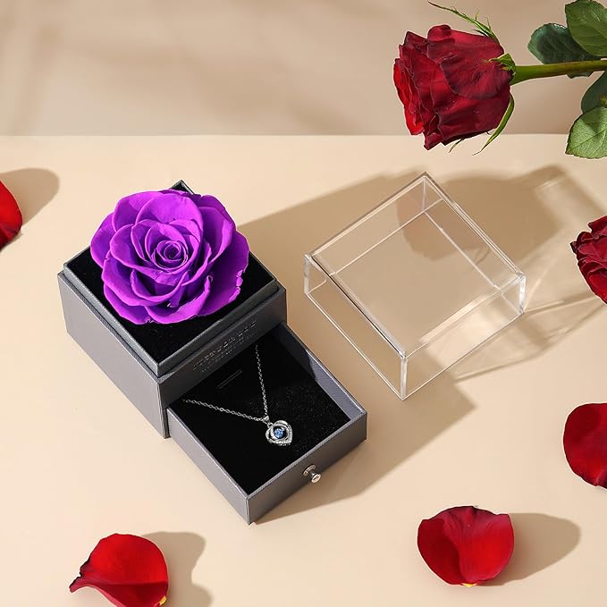 Romantic Rose Gifts for Her - Forever Preserved Rose with Silver Heart Pendant Necklace for Wife Girlfriend Mom | You Are My Sunshine Music Box for Women - Perfect on Valentines, Birthday, Anniversary