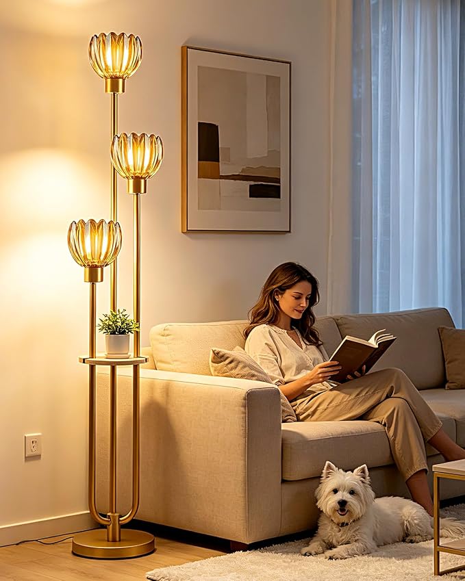 Lightdot 3-Lights Glass Floor Lamp for Living Room Modern Gold Floor Lamps with Lotus Amber Glass Shade& Bulbs Included for Wedding/Party Tall Standing Lamp for Bedroom/Sofa Beside/Corner Decor
