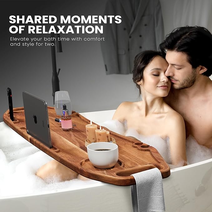 Lush & Style Premium Bathtub Tray Large 35x10 Inch, Acacia Wood Luxury, Waterproof, Non-Toxic, Adjustable Legs, No Tools Required,Caddy Tray,New Home Essenials Make sure to measure before 35 Inch Long