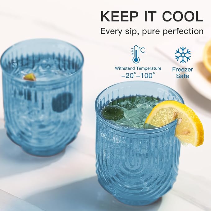 JOVGANK Blue Vintage Glassware Set of 6-14Oz Blue Water Drinking Glass, Art Deco Ripple Highball Glass, Whiskey Cocktail Glasses, for Bar Ice Coffee Juice, Housewarming Gifts and Mother's Day Gift