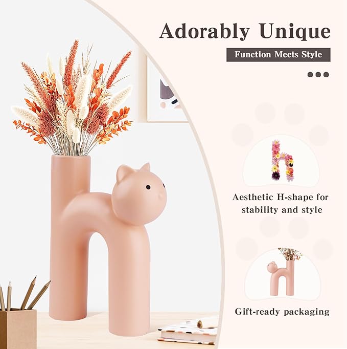 Pink Cat Lover Gift – Cute Animal Vase for Dried Flowers, Pampas Grass – Kawaii Boho Decor for Girls Room, Desk, or Shelf – Gift for Women, Girlfriend & Cat Moms