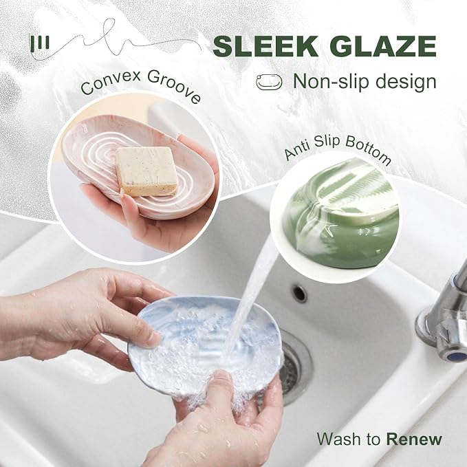Elegant Ceramic Soap Dish for Shower with Unique Marble Texture, Decorative Bar Soap Holder for Bathroom & Kitchen, Easy Clean Versatile Oval Soap Dishes for Soap Bar
