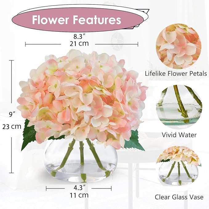 Hydrangea Artificial Flowers in Glass Vase, Powder Silk Fake Flowers Silk Centerpiece Table Decorations for Dining Room， Coffee Table Decor，Wedding, Home with Faux Water Decor（Pink）