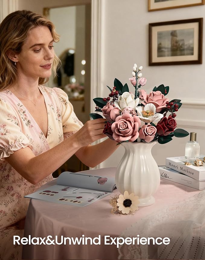 iATOM Pink Roses Flower Bouquet Building Set, Artificial Flowers Botanical Collection Kit for Adults Women & Men - Gift for Christmas, Home Room Office Shelf Centerpieces Decor - IA11022