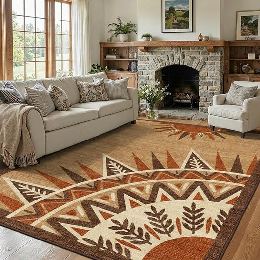 5x7 Bohemian Sun Totem Area Rug - Non-Slip Washable Low Pile, Warm Sand Brown with Deep Rust & Cream Pattern Carpet for Bedroom, Living Room, Dining Area, Home Office