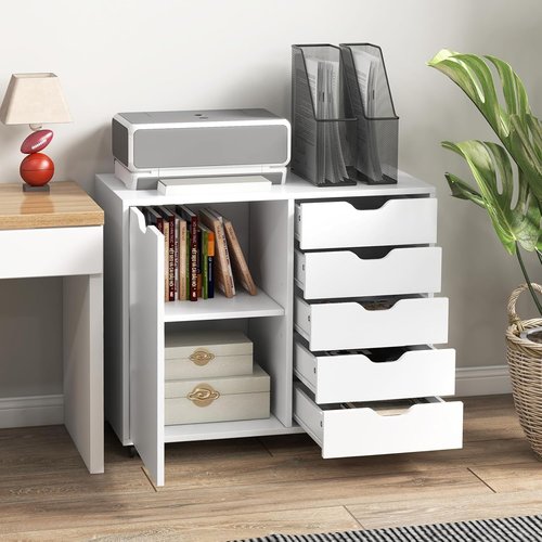 Regine Switzerland 5-Drawer Wood Storage Cabinet - Adjustable Shelf & Wheels | White, 15.7" D x 30.7" W x 25.4" H