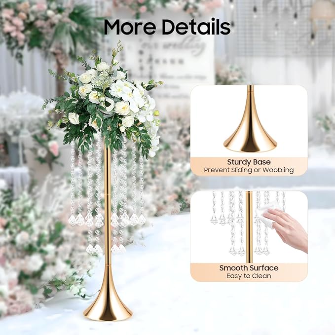 10 Pack 21.9"/55.6cm Tall Crystal Beaded Flower Stands, Metal Wedding Centerpiece Vases for Table/Aisle Decor - Reusable Event Centerpieces for Home, Party, Hotel (Gold)