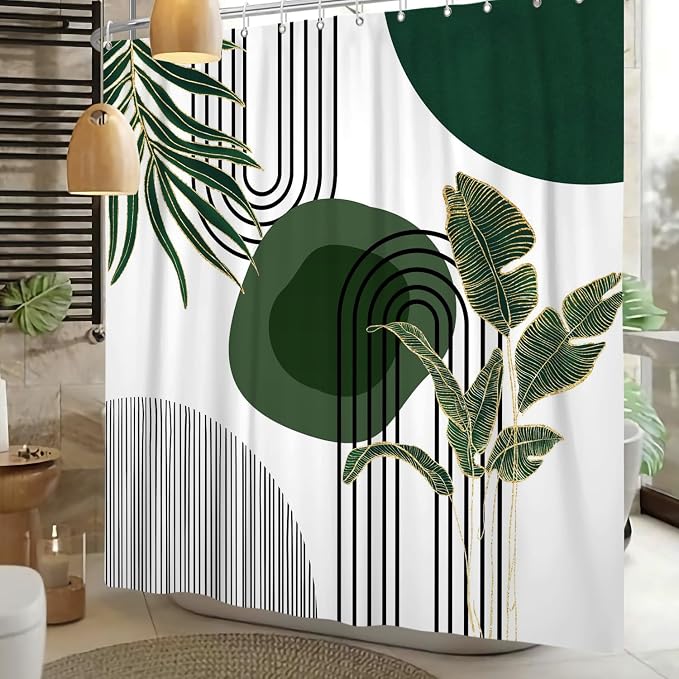 Mid Century Green Shower Curtain for Bathroom Boho Modern Abstract Plant Tropical Leaves Bathroom Curtain Set Geometric Arch Minimalist Waterproof Fabric Bath Decor 72x84 inch