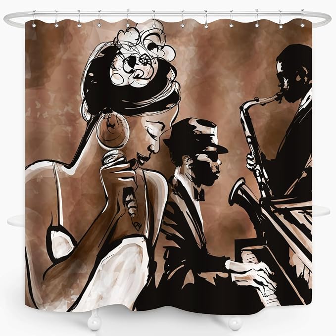 American Woman Jazz Shower Curtain African Black Girl Singing Jazzist Afrocentric Black Art Grunge Style Waterproof Fabric Bathroom Decor 72x72 Inch Brown Plastic Hooks 12