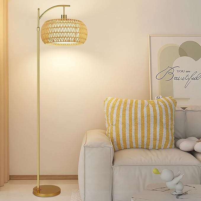 ZECOXOL Gold Floor Lamps for Living Room Rattan Boho Floor Lamp with Remote Control & 3 Color Temperature,Dimmable Arc Floor Lamps Brass Standing Lamp Tall Floor Lamp for Bedroom Living Room Corner