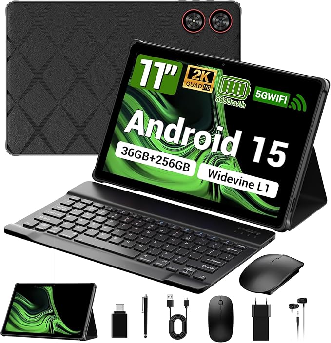 DEZLTID 2025 Tablet 11 inch Android 15 Tablets with Keyboard Stylus Mouse: 2K IPS Tablette (2000x1200), 36GB+256GB(2TB TF), 5G/2.4G Dual WiFi, 8-Core 1.6GHz, 8000mAh,8+13MP, BT5.0/GPS-Black