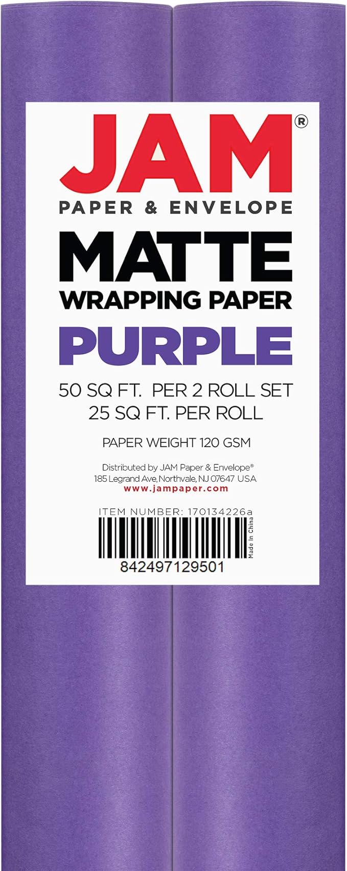 JAM Paper Gift Wrap - Matte Wrapping Paper - 50 Sq Ft Total (30 in x 10 Ft Each) - Matte Purple - 2 Rolls/Pack