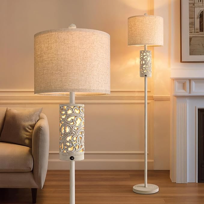 OYEARS 65“ Farmhouse Floor Lamp for Living Room, Rustic Floor Lamp with Main&Night Light,Linen Shade&Dual Switches, Standing Lamp for Bedroom Office Corner Dining Room, Wood Pole Lamp