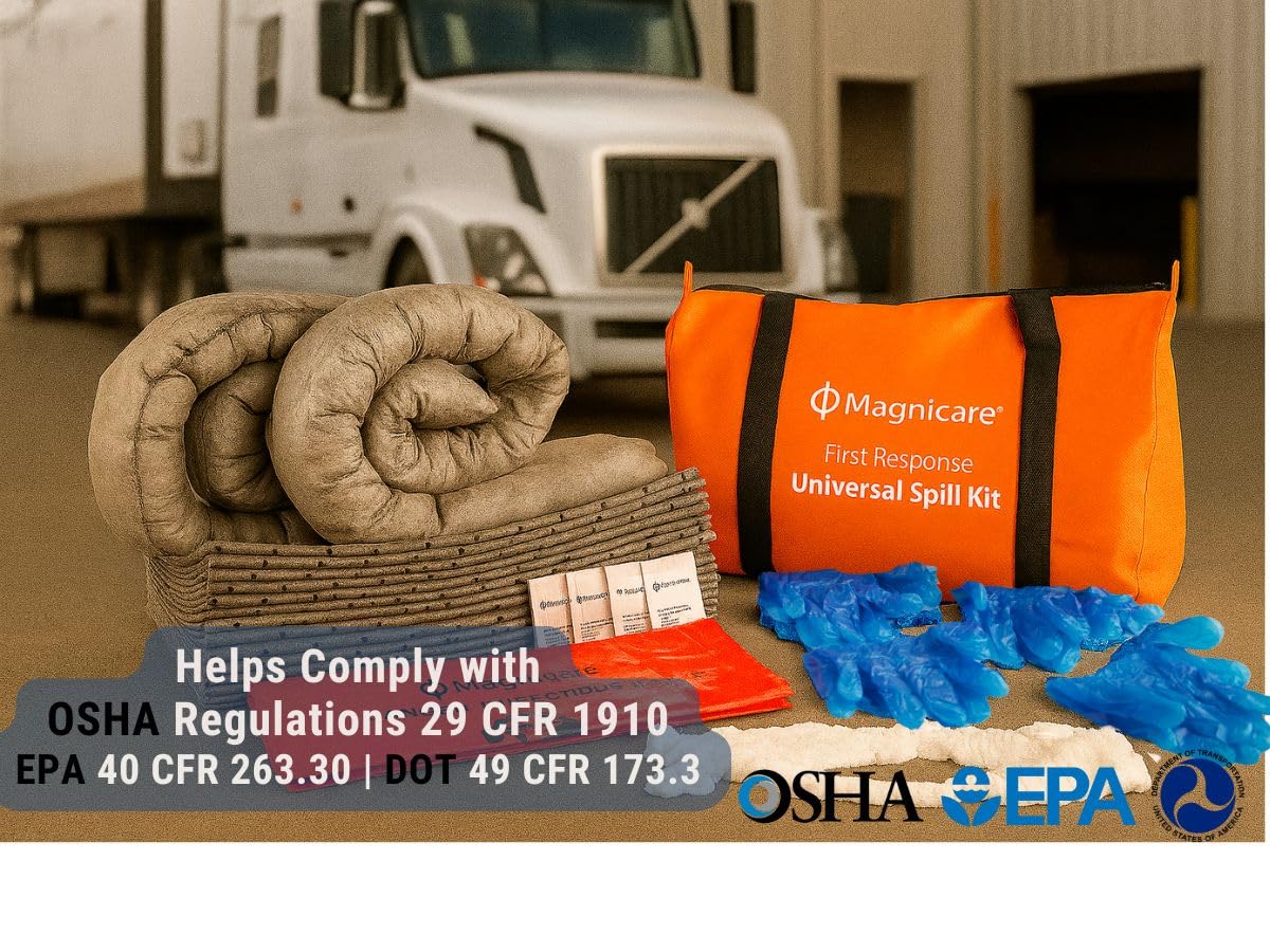 Universal Spill Kit - OSHA Approved Biohazard Cleanup for Oil, Water & Chemicals | 15 Absorbent Pads, 2 Socks, PPE in Bright Orange Duffel Bag