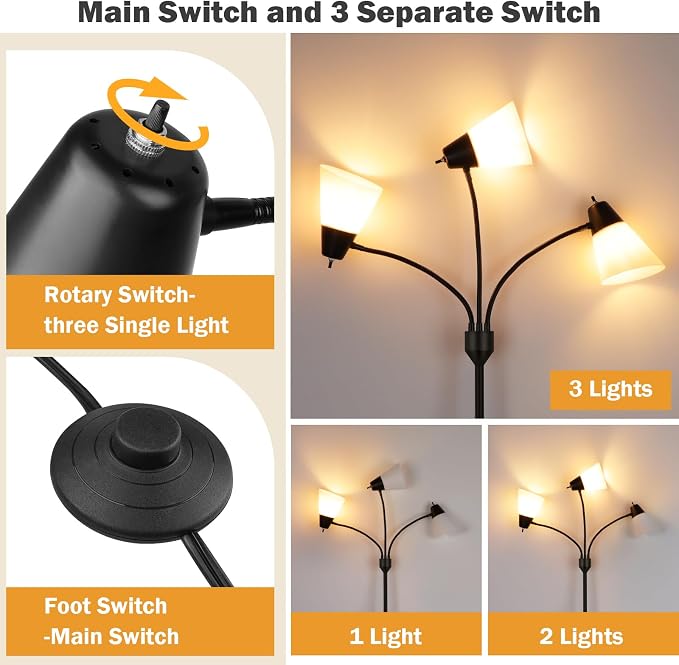 FOLKSMATE LED Floor Lamp, Medusa 3 Head Modern Adjustable Tall Standing Light for Living/Kids Room, Bedroom, Office, Dorm