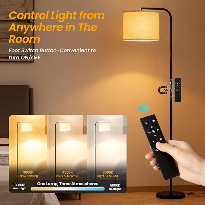 Floor Lamp for Living Room and Bedroom - Modern Standing Lamps Tall with Dimmable LED Bulb and Remote Control - Black Stand Arc Light With Shade for Reading Home Decor Corner and office（Black）