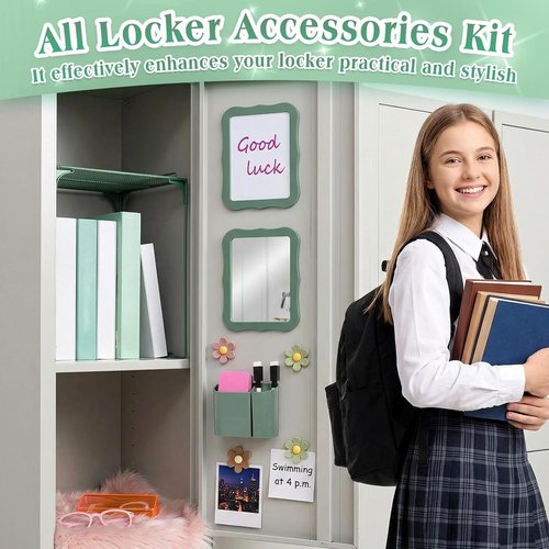 Colarr 16 Pcs Dark Green Locker Accessories Set - Magnetic Whiteboard, Mirror & Flower Decor