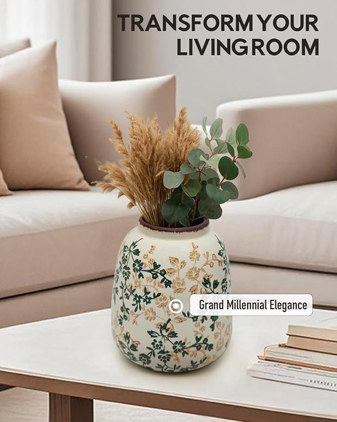 Vintage Ceramic Flower Mini Vase Home Decor - Tabletop Rustic Vase for Decor Living Room Bookshelf Office Kitchen Cottage, White Vases for Bouquet, Chinoiserie | Grand Millennial | 6.1inch