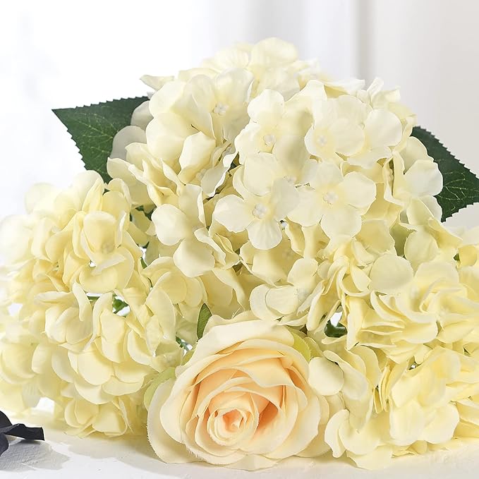 10PCS Silk Hydrangea Heads with Stems Artificial Flowers for Wedding Party Home Decor (Champagne)
