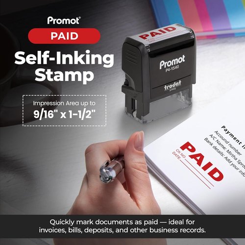 Promot Paid Stamp - Self-Inking Office Stamp with Check Number & Date | Red Ink Rubber Stamp