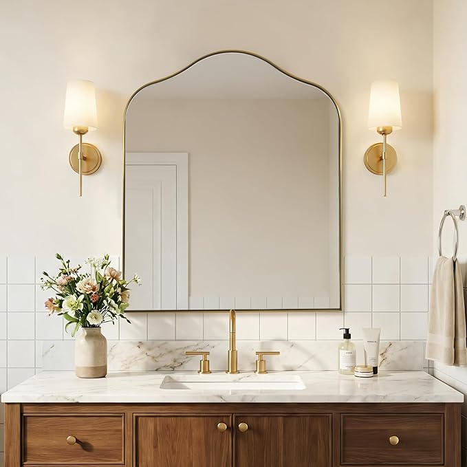 ANDY STAR Brass Scalloped Arched Wall Mirror, 30x36 Brushed Gold Irregular Bathroom Mirror with Curved Design for Vanity, Powder Room, Fireplace, Mantel, with Stainless Steel Metal Frame