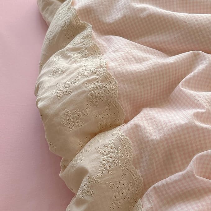 LifeTB Pink Gingham Comforter Set Twin XL Fluffy Soft Princess Style Girls Lace Bedding Set Vintage Plaid Checkered Comforter with 2 Pillowcases Farmhouse Gingham Bedding Grid Bed Comforter Set