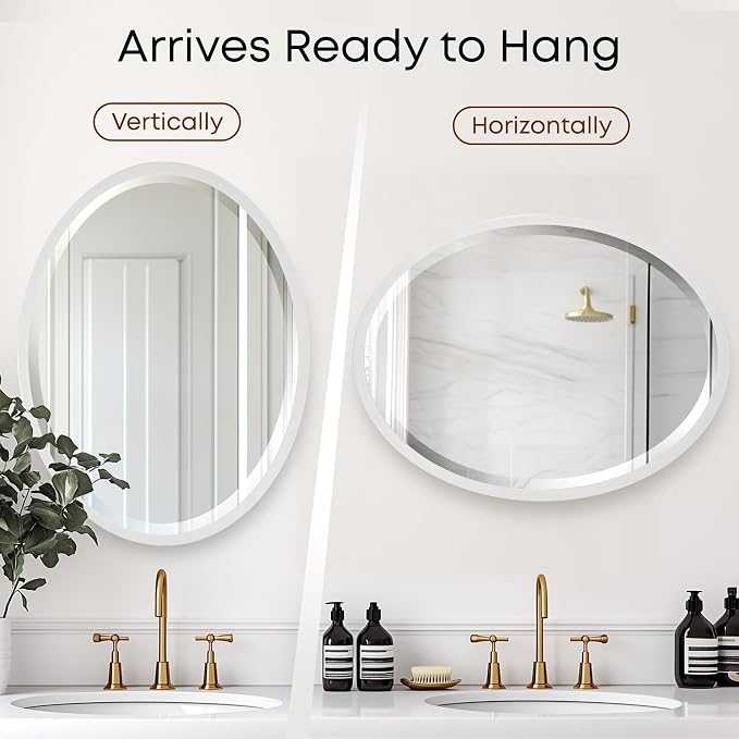 OVALCREST - Oval Wooden Beveled Wall Mirror for Home Decor, Bathroom, Vanity, Bedroom, Living Room, Hallway - London Style (Linen White) 31.1 x 25.1