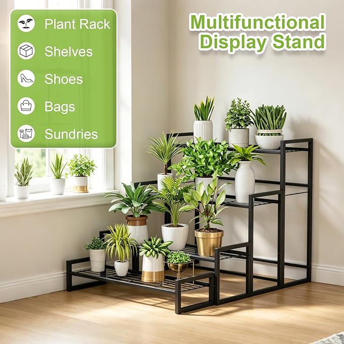 VyGrow Plant Stand, 4 Tier Stackable Tiered Plant Stand, Scalable Heavy Duty Tall Plant Shelf for Indoor Outdoor, Garden, Display Shelves, Flower Pot Holder, Black