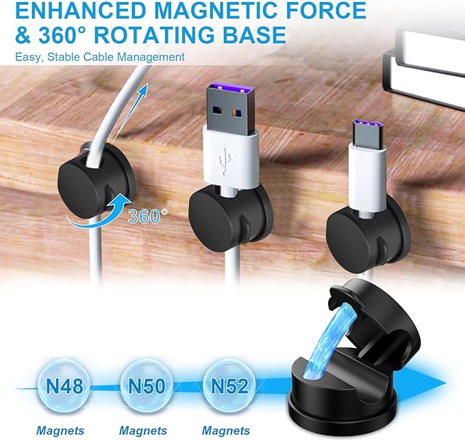 6pcs Magnetic Cable Clips, 360° Swiveling Adhesive Cable Organizer - Compact Cable Holder for Desk, Nightstand, Car, Kitchen & Home Office - Charger Cord Holder Solution by MarLigavid (Black)