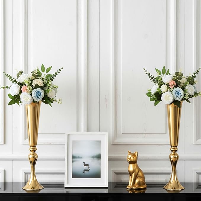Set of 2 Tall Gold Vases for Centerpieces, 21.9" Metal Trumpet Flower Stand for Wedding Party Dinner Table Decor, Anniversary Celebration Gold Vase Centerpieces for Table