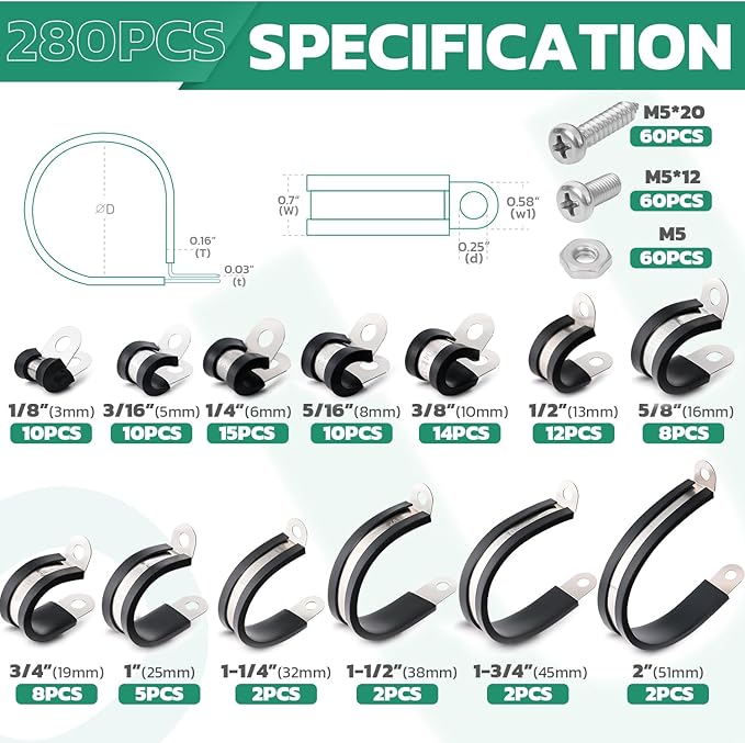 OURU 280PCS Cable Clamps with Screws Assortment Kit 304 Stainless Steel Rubber Cushioned Insulated Wire Pipe Clamps 13 Sizes—1/8" 3/16" 1/4" 5/16" 3/8" 1/2" 5/8" 3/4" 1" 1-1/4" 1-1/2" 1-3/4" 2”