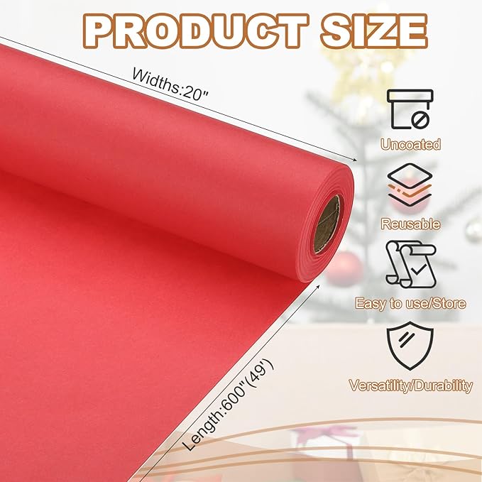 PATIKIL Wrapping Paper, 20" x 600"(49') 70 GSM Craft Paper Roll Kraft Packing Paper for Poster Bulletin Board, Gift Wrapping, Bright Red