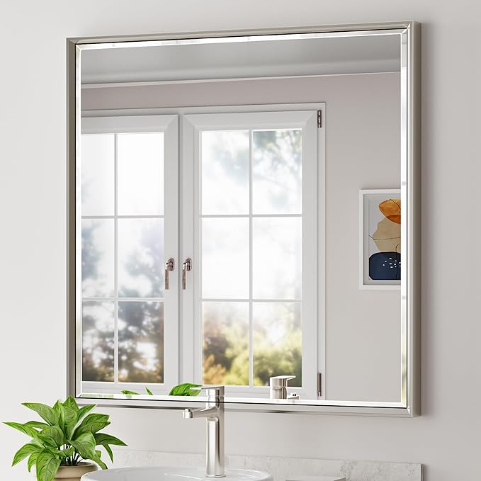 Brushed Nickel Bathroom Mirror, Bathroom Mirrors for Over Sink, 36x36 Inch Square Mirror, Dual Bevel Edges Design, Silver Mirror for Bathroom, Shatterproof 36 Inch Wall Mirror