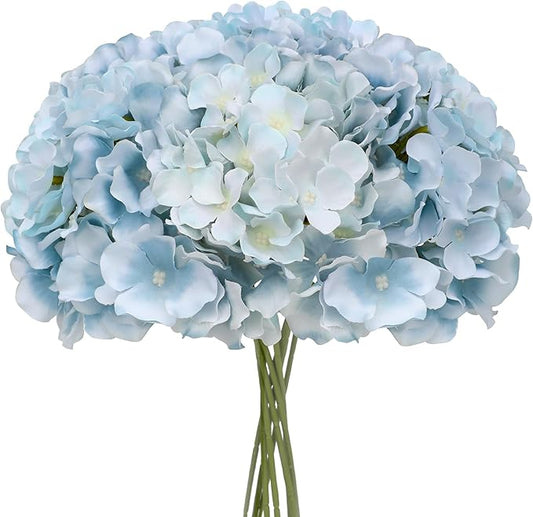 Fake Blue Hydrangea Artificial Flowers - Faux Silk Hydrangeas Flowers Heads with Stems Real Touch for Home Wedding Party Table Decor(Light Blue,Pack of 10)