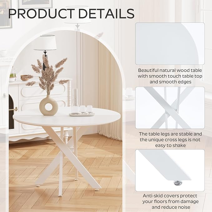 RGZ Mid Century White Round Dining Table Set for 4, 36" Small Wooden Circle Kitchen Table & 4 Light Gray PU Leather Kitchen Chairs, Dinner Table Set for Home, Apartment, Dining Room