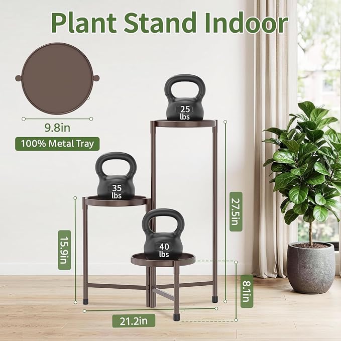 LASZOLA 3 Tier Large Plant Stand Indoor Tall with 10 Inch Metal Tray, Corner Folding Flower Display Rack, Modern Plant Holder Shelf for Outdoor Patio Porch Garden Office Living Room, Bronze