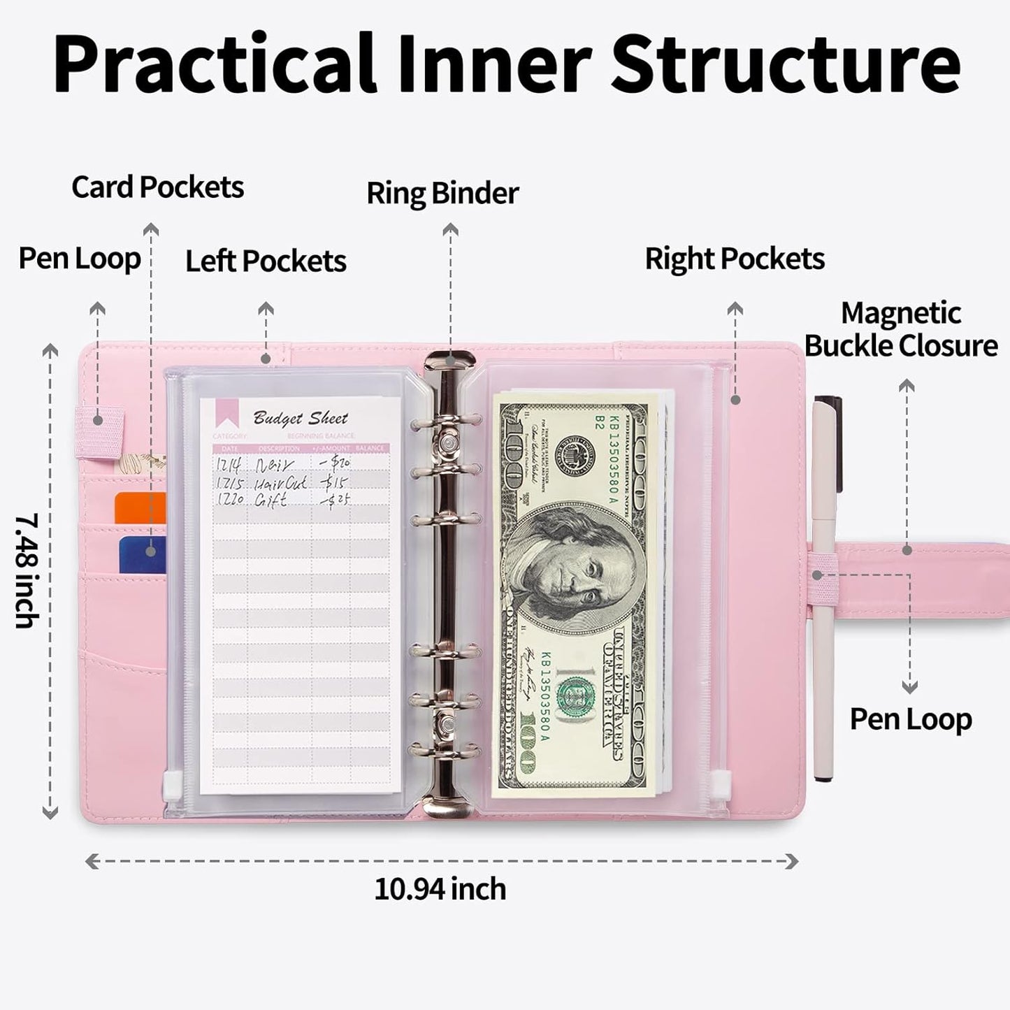 Sooez Money Organizer - A6 Leather Budget Binder with Zipper Envelopes & 43 Rose Gold Labels | Laser Pink