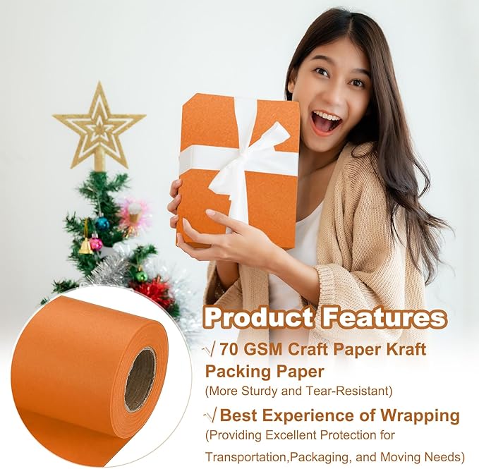 PATIKIL Wrapping Paper, 17" x 450"(37') 70 GSM Craft Paper Roll Kraft Packing Paper for Poster Bulletin Board, Gift Wrapping, Orange