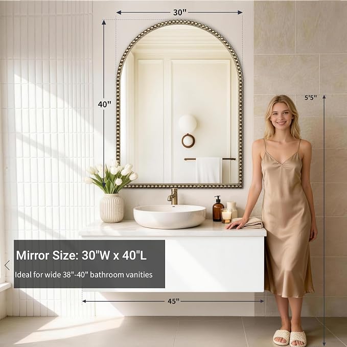 Beaded Arched Mirror for Wall, 30"x40" Gold Arch Brass Bathroom Mirrors, Champagne Bronze Vintage Metal Frame Decorative Mirror for Mantle,Bedroom Dressing Room Entryway Fireplace