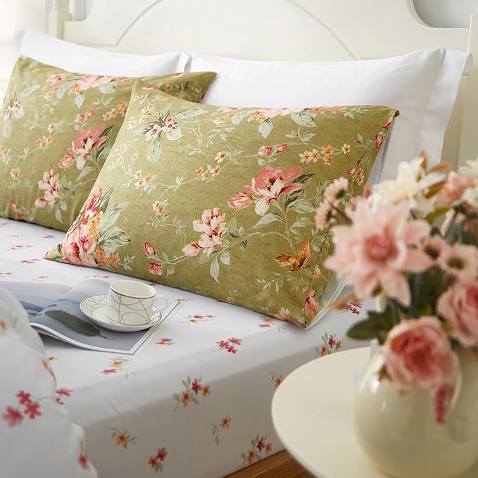 mixinni Duvet Cover Queen Size, Long Staple Cotton Reversible Green Floral Duvet Cover Set with Zipper Ties, 3 Pieces Botanical Pink Flowers and Green Branches Patterns Bedding Set