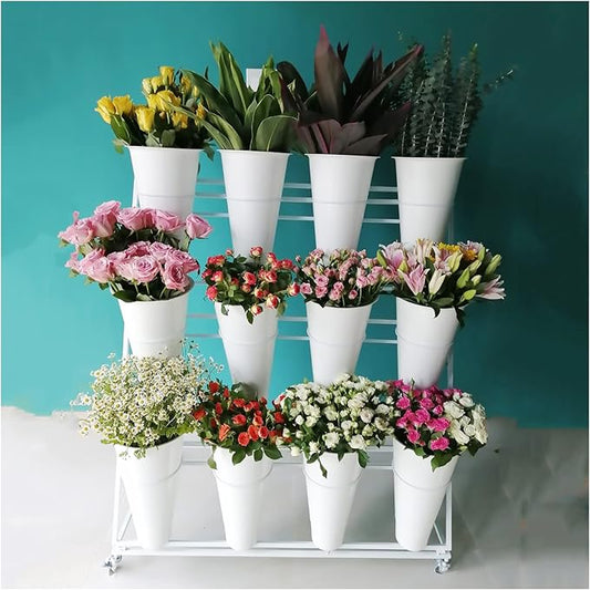Flower Display Stand, 3 Layers Heavy Duty Moving Plant Cart Shelf With Wheels and Bucket, Wrought Iron Florist Shelf, for Patio Garden, Florist, Outdoor Flower Pop-Up Events (White Iron Frame)