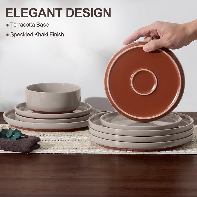 E-far 12-Piece Ceramic Dinnerware Sets, Plates and Bowls Sets for 4, Stoneware Dishware Dishes Set with Terracotta Base, Chip & Scratch Resistant, Microwave & Dishwasher Safe, Speckled Khaki