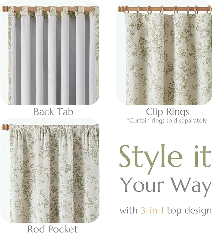 jinachan Blackout Curtains Linen Blend Floral Curtain for Living Room 90 Inch Length Christmas Sage Green Flower Printed with Lined Blackout Drapes for Bedroom Farmhouse Curtains Set 2 Panels