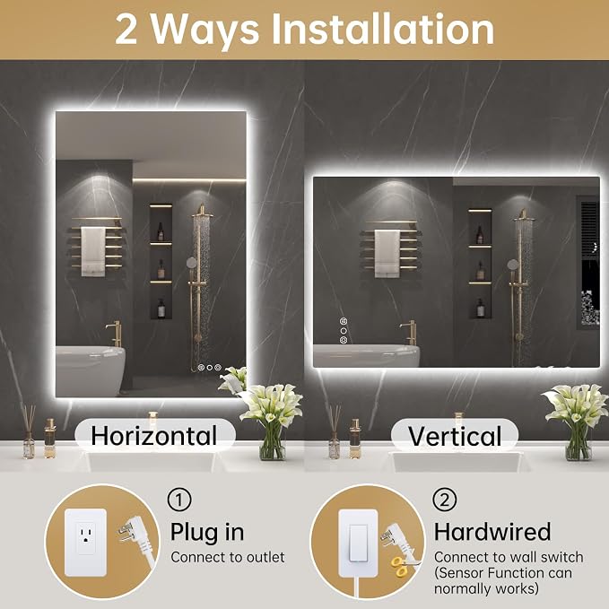 LOVESPEJO 24"x36" Backlit Mirror Bathroom, LED Bathroom Mirror with Motion Sensor, Fogless, Dimmable, 3 Color Changing, Shatterproof, Horizontal/Vertical