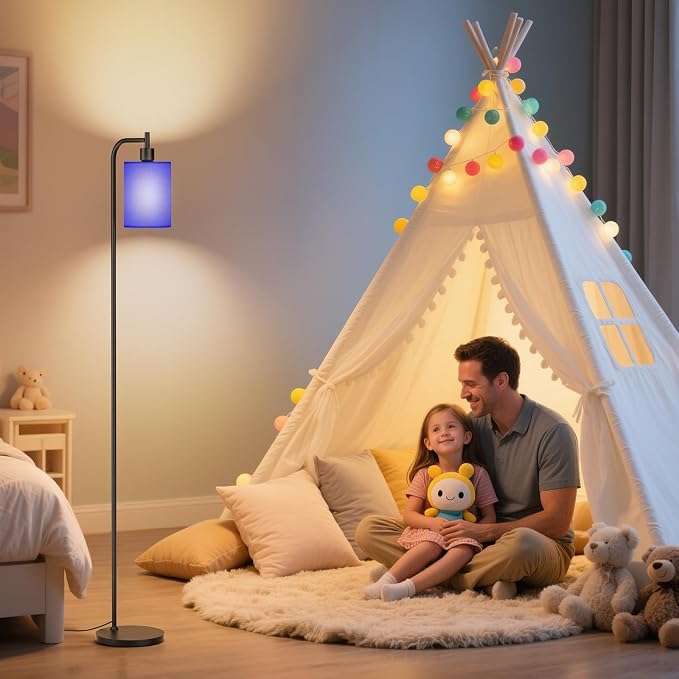 SIBRILLE Floor Lamp with Linen Shade, Dimmable Tall Standing Lamp with Remote Control & 3 Color Temperatures, Modern Floor Lamps for Living Room Bedroom Office Corner, 9W LED Bulb Included