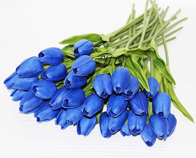 Artificial Flowers 10 Heads Mini Real Touch Artificial Tulip for Home Wedding Party Centerpiece Decoration (Sapphire Blue)