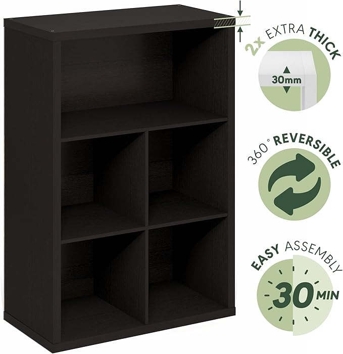Furinno Cubicle Book Shelf, 5-Cube Bookshelf, Extra Thick Frame Cube Storage Organizer Bookcase with Closed Back, 15.3 x 29.9 x 43.3, for Living Room, Bedroom, Home Office, Dark Oak