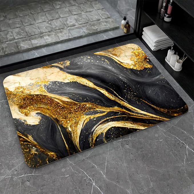 Diatomaceous Earth Bath Mat,Black Grey Gold Marble Texture Non-Slip Volume Super Absorbent Fast Drying for Bathroom Kitchen Door mat,Eco-Friendly Easy to Clean 16×24Inch (40 * 60cm)