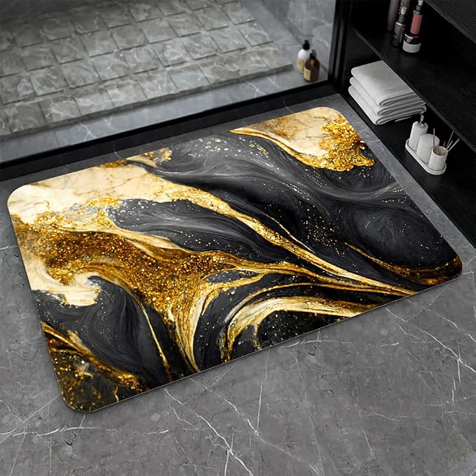 Diatomaceous Earth Bath Mat,Black Grey Gold Marble Texture Non-Slip Volume Super Absorbent Fast Drying for Bathroom Kitchen Door mat,Eco-Friendly Easy to Clean 20×31Inch(50 * 80cm)