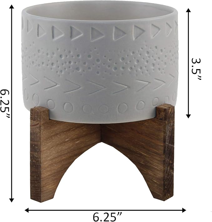 Flora Bunda Mid-Century 5 Inch Caveman Texture Ceramic Planter on Wood Stand, Grey Caveman 5"